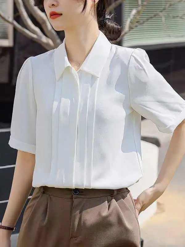 Белая шифоновая женская летняя блузка с коротким рукавом, новый дизайн, тонкая, из полиэстеровой ткани, с воротником, однотонная, для офиса
Белая шифоновая женская летняя блузка с коротким рукавом, новый дизайн, тонкая, из полиэстеровой ткани, с воротником, однотонная, для офиса