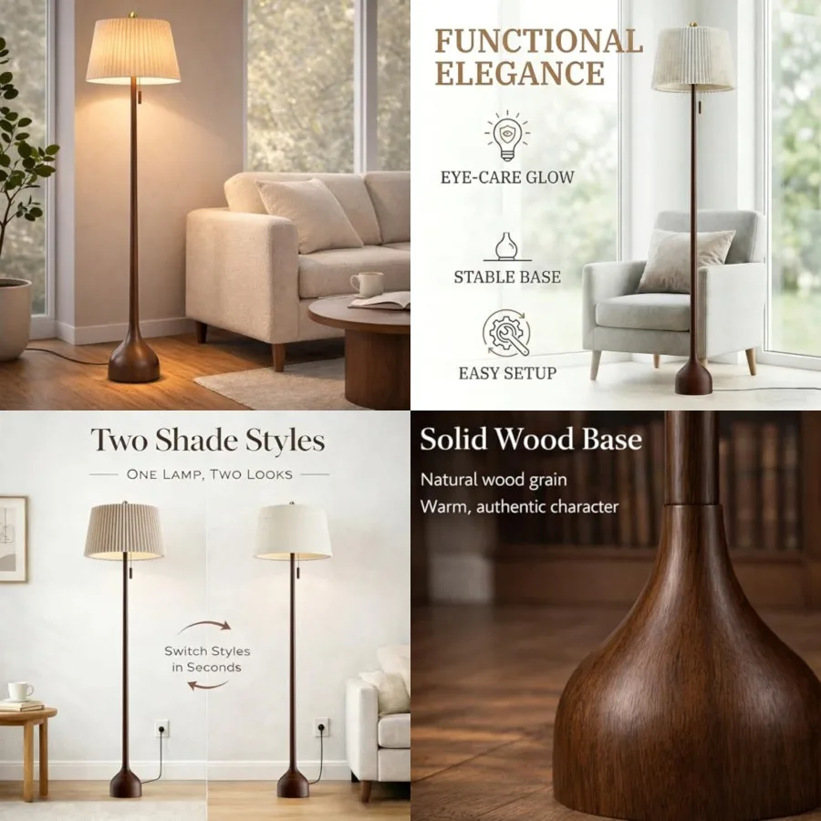 65" Mid Century Modern Vintage Real Wood Floor Lamp with 2 Shades for Two Looks, Sculptural Standing Lamp with Teardrop Base an
65" Mid Century Modern Vintage Real Wood Floor Lamp with 2 Shades for Two Looks, Sculptural Standing Lamp with Teardrop Base an