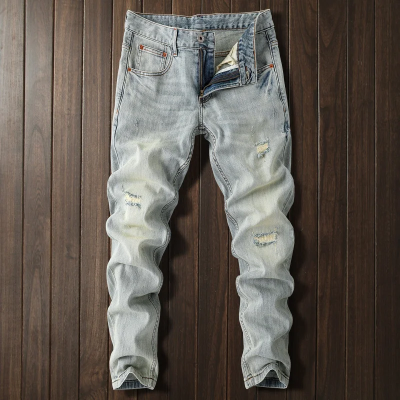 Лето 2025 года, мужские рваные джинсы, модные универсальные американские винтажные повседневные классические ностальгические длинные брюки 
Лето 2025 года, мужские рваные джинсы, модные универсальные американские винтажные повседневные классические ностальгические длинные брюки