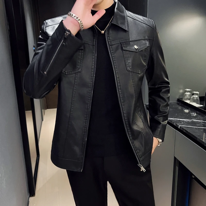 Leather Jacket Men's Designer Punk Wind Pocket Design Men's Slim Fit Pu Coats Fashion Brand Men Motorcycle Pilot Leather Jacket
Leather Jacket Men's Designer Punk Wind Pocket Design Men's Slim Fit Pu Coats Fashion Brand Men Motorcycle Pilot Leather Jacket