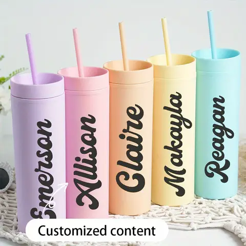 Personalized Custom Name Matte Skinny Tumbler with Straw, Double Wall Acrylic Slim Water Cup, Custom Text Travel Cup Bridesmaid