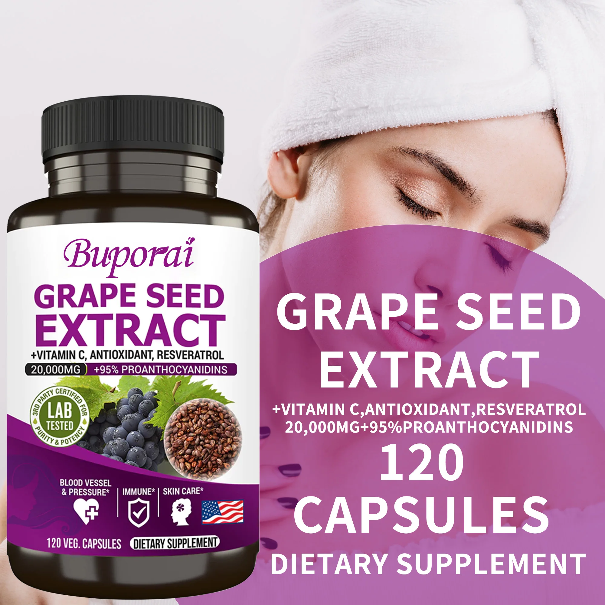 Grape Seed Extract Supplement - Beauty Care, Anti-oxidation, Increase Collagen, Whitening, Anti-wrinkle, Anti-aging
Grape Seed Extract Supplement - Beauty Care, Anti-oxidation, Increase Collagen, Whitening, Anti-wrinkle, Anti-aging