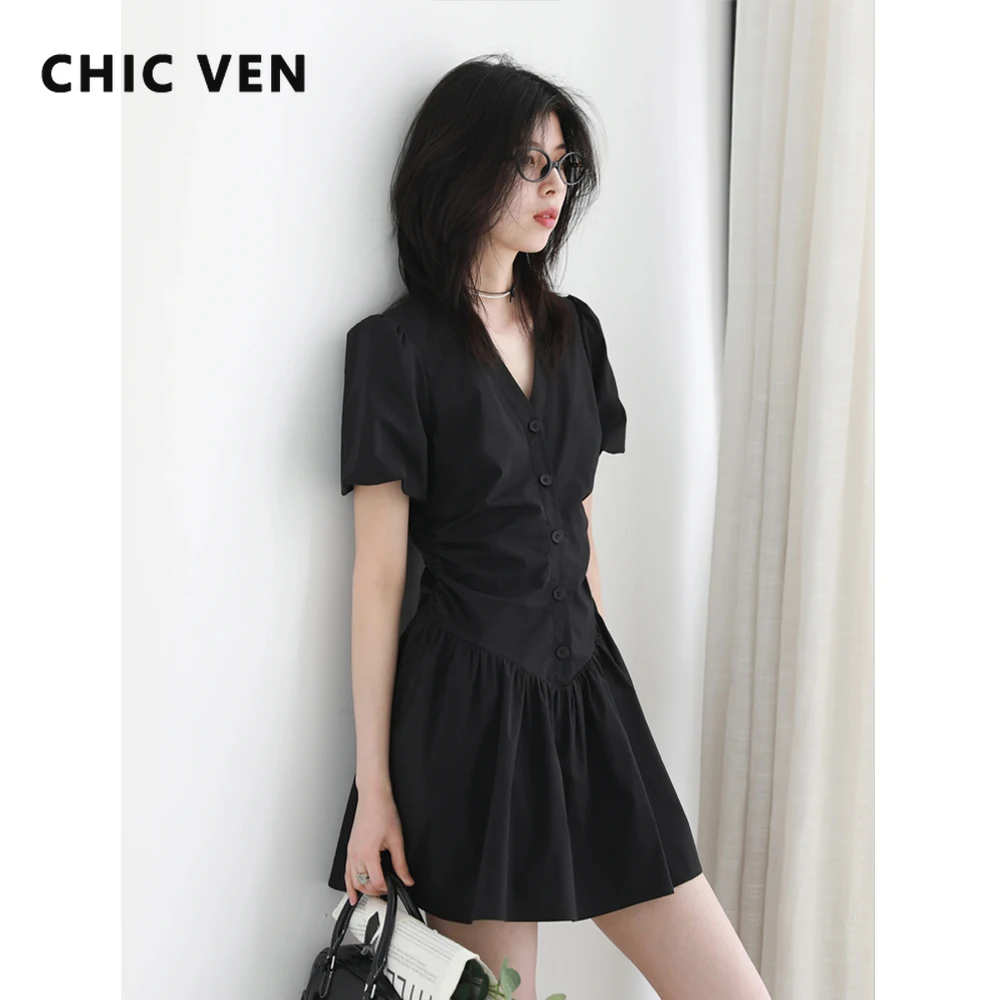 CHIC VEN Fashion Women Dresses Single Breasted Black Korean V-neck Female Bubble A Line Sleeve Short Dress Spring Summer 2025
CHIC VEN Fashion Women Dresses Single Breasted Black Korean V-neck Female Bubble A Line Sleeve Short Dress Spring Summer 2025