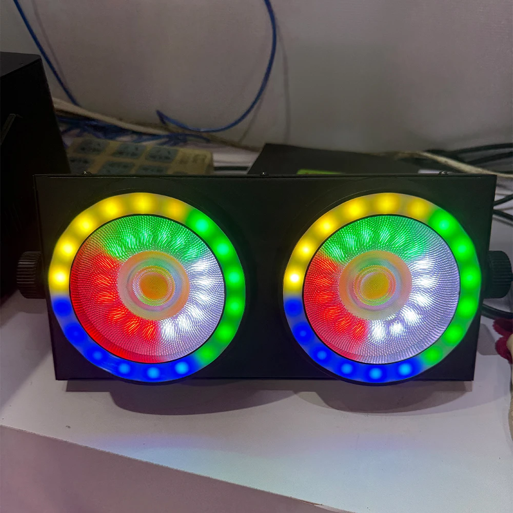 New 2 Eyes COB LED Blinder Audience Light, 2×100W Warm White COB + RGB Color Pixel Ring Strobe Wash Light DMX512 Stage Light for
New 2 Eyes COB LED Blinder Audience Light, 2×100W Warm White COB + RGB Color Pixel Ring Strobe Wash Light DMX512 Stage Light for
