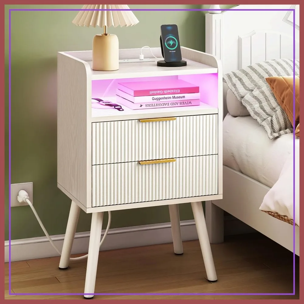 White Fluted Nightstand with Charging Station, LED Bedside Table with 2 Drawers, 15.7x11.8x25.6in
White Fluted Nightstand with Charging Station, LED Bedside Table with 2 Drawers, 15.7x11.8x25.6in