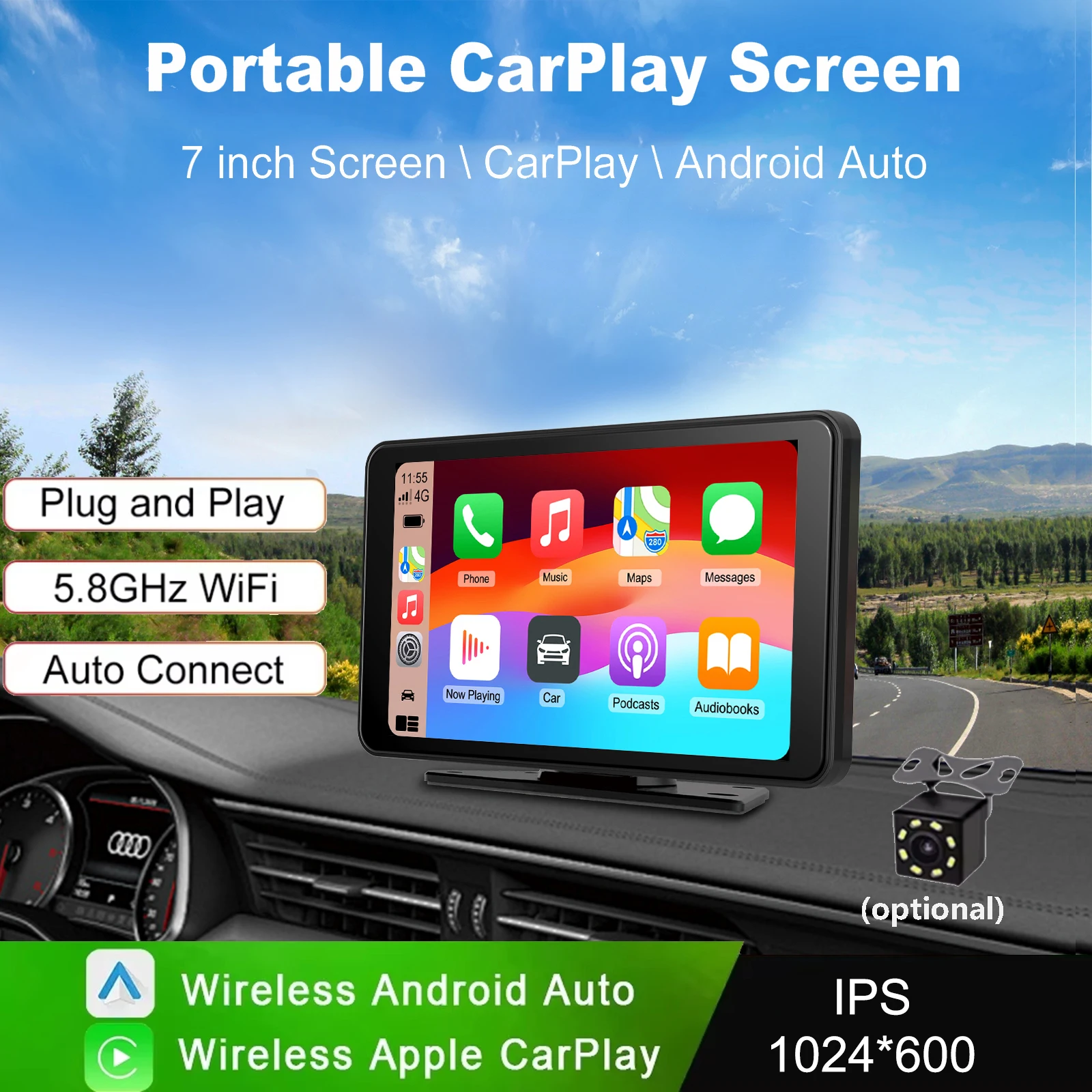 7 Inch Portable Car Touch Screen Wireless CarPlay & Android Auto 1024x600 HD IPS, Rear Camera Input Plug & Play for All Vehicles
7 Inch Portable Car Touch Screen Wireless CarPlay & Android Auto 1024x600 HD IPS, Rear Camera Input Plug & Play for All Vehicles