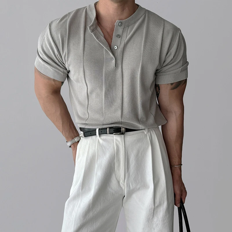 New Fashion Men Henry Collar T-Shirt Leisure Luxury Knit Short Sleeve Tops Korean Style Summer Stretchy Breathable Fitness Tees
New Fashion Men Henry Collar T-Shirt Leisure Luxury Knit Short Sleeve Tops Korean Style Summer Stretchy Breathable Fitness Tees