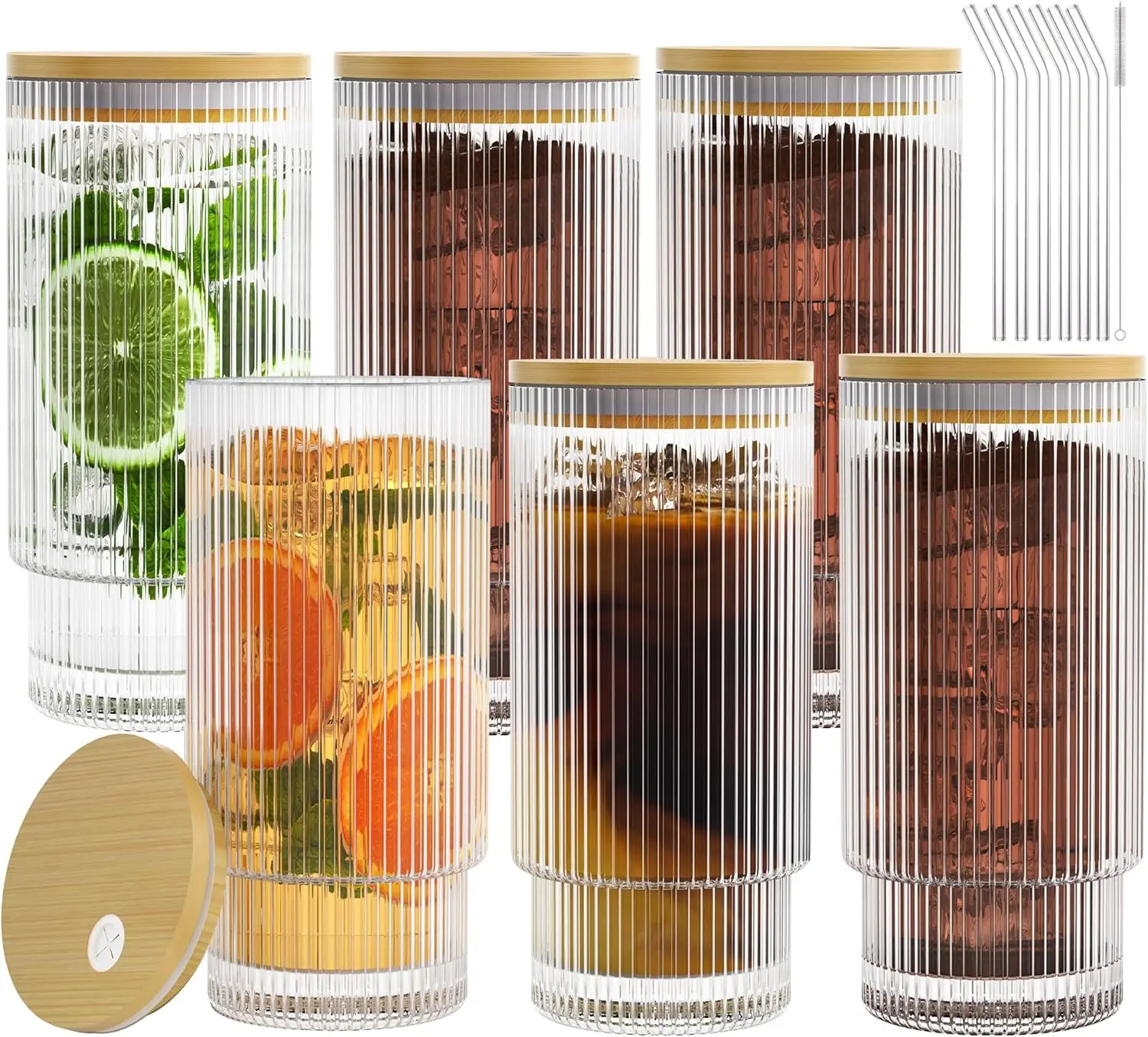 16oz Ribbed Glass Cups with Bamboo Lids and Straws, Vintage Tumbler Set for Iced Coffee Cocktails (6 Pack)
16oz Ribbed Glass Cups with Bamboo Lids and Straws, Vintage Tumbler Set for Iced Coffee Cocktails (6 Pack)