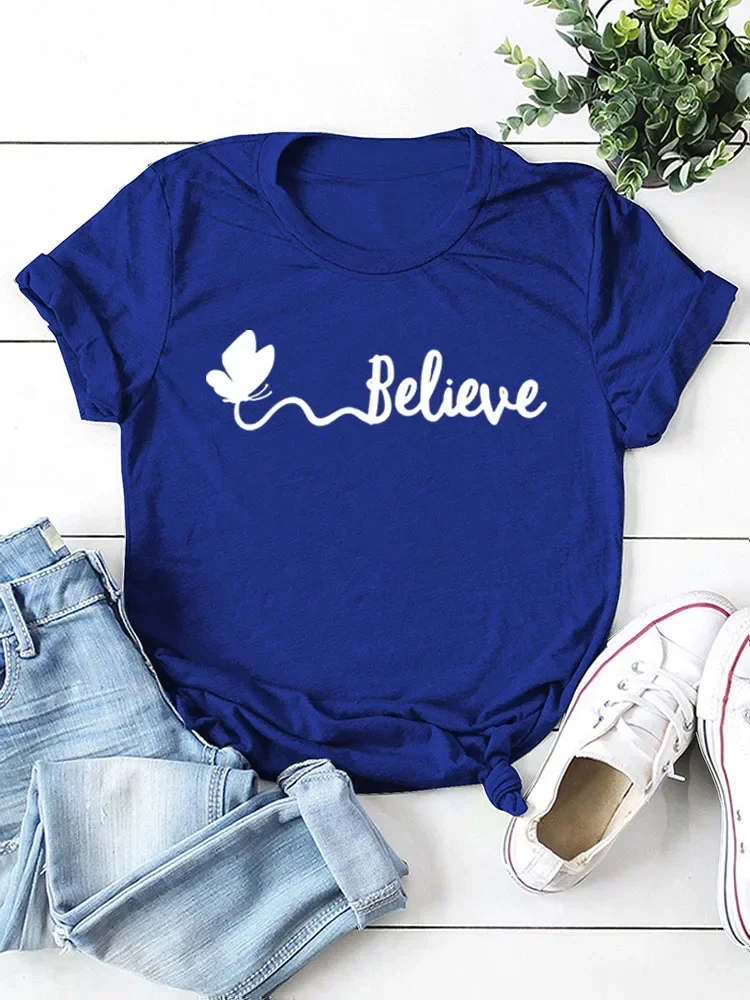 Butterfly Believe Letter Print Women T Shirt Short Sleeve O Neck Loose Women Tshirt Ladies Tee Shirt Tops Camisetas Mujer
Butterfly Believe Letter Print Women T Shirt Short Sleeve O Neck Loose Women Tshirt Ladies Tee Shirt Tops Camisetas Mujer