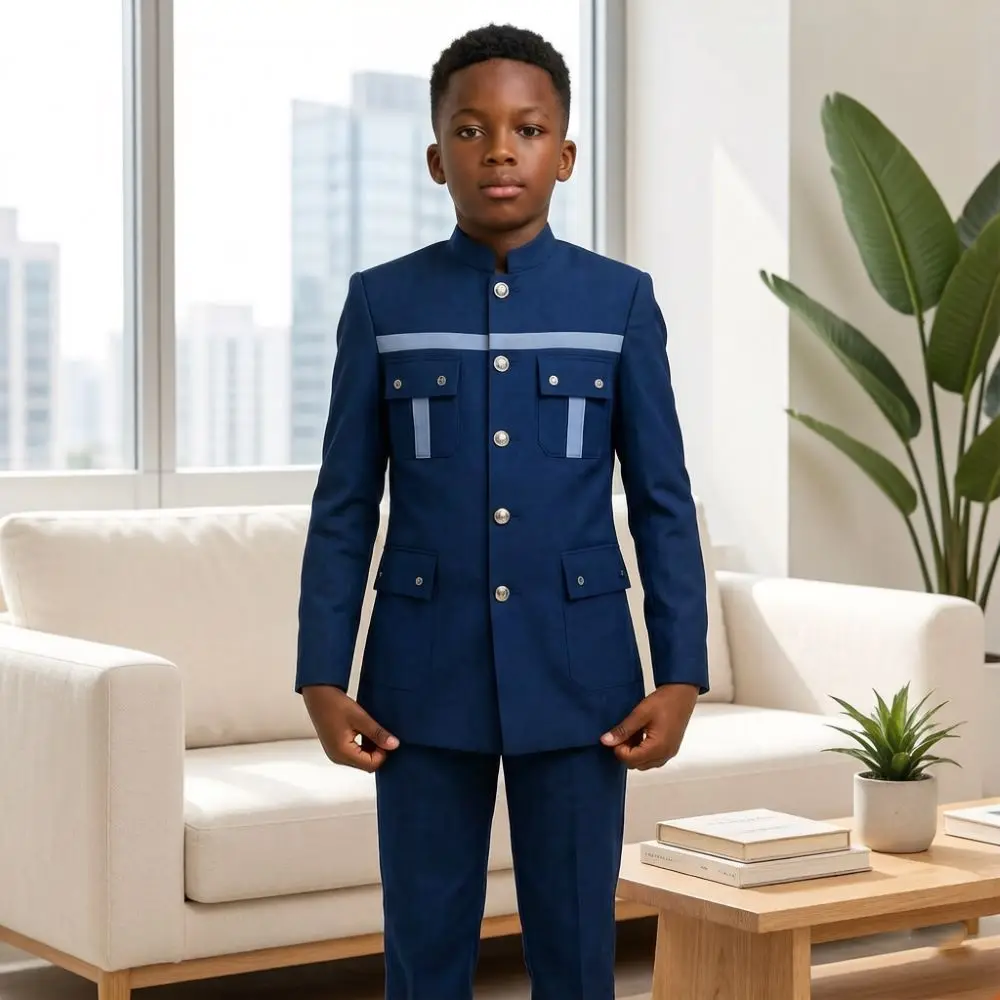 Safari 2 Pieces Kids Boys Suit Set with Stand Collar Contrast Stripe Details Silver Buttons Outdoor Wedding Party Guest Casual
Safari 2 Pieces Kids Boys Suit Set with Stand Collar Contrast Stripe Details Silver Buttons Outdoor Wedding Party Guest Casual