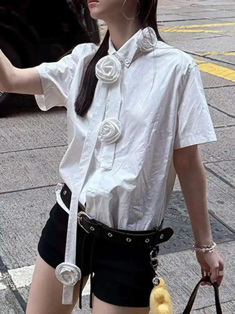 Women White Three-dimensional Flower Big Size Blouse New Lapel Short Sleeve Shirt Fashion Tide Spring Summer
Women White Three-dimensional Flower Big Size Blouse New Lapel Short Sleeve Shirt Fashion Tide Spring Summer