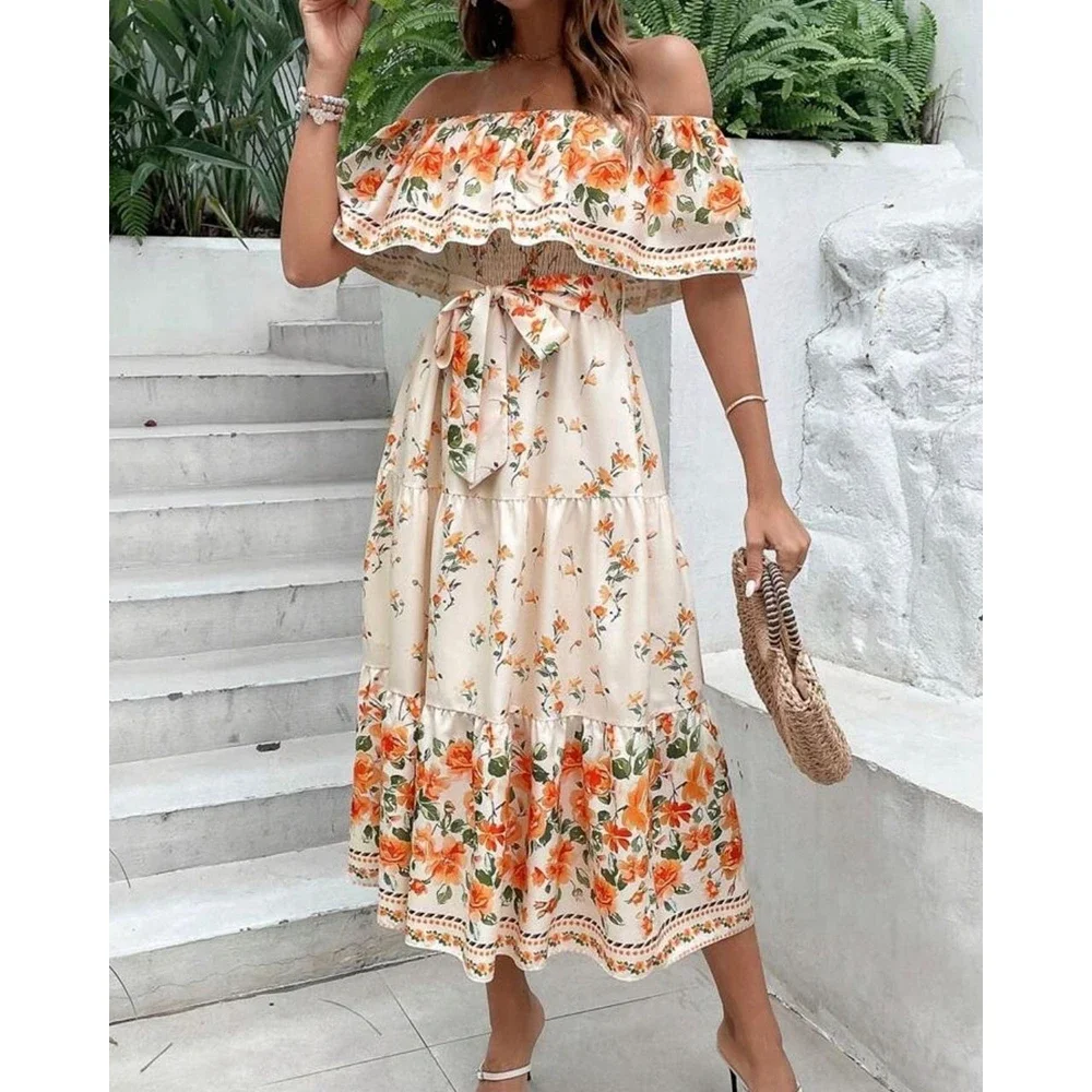 2025 Spring Women's Floral Print Off The Shoulder Ruched Maxi Dress Summer Dress With Belt
2025 Spring Women's Floral Print Off The Shoulder Ruched Maxi Dress Summer Dress With Belt