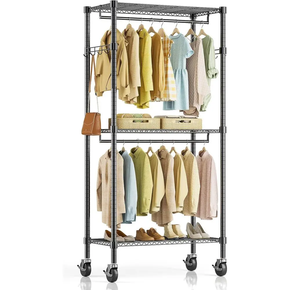 Rolling Clothes Rack, Heavy Duty Clothing Rack, 3-Shelf Portable Adjustable Wardrobe Closet with Wheels, Hanging Rods & Side Hoo
Rolling Clothes Rack, Heavy Duty Clothing Rack, 3-Shelf Portable Adjustable Wardrobe Closet with Wheels, Hanging Rods & Side Hoo