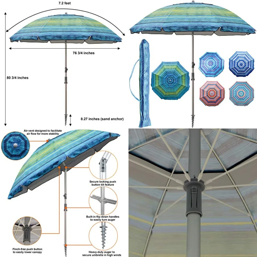 Blissun 7.2' Beach Umbrella with Sand Anchor, Outdoor Portable Beach Umbrella for Sand with Tilt Pole, Carry Bag, Air Vent
Blissun 7.2' Beach Umbrella with Sand Anchor, Outdoor Portable Beach Umbrella for Sand with Tilt Pole, Carry Bag, Air Vent