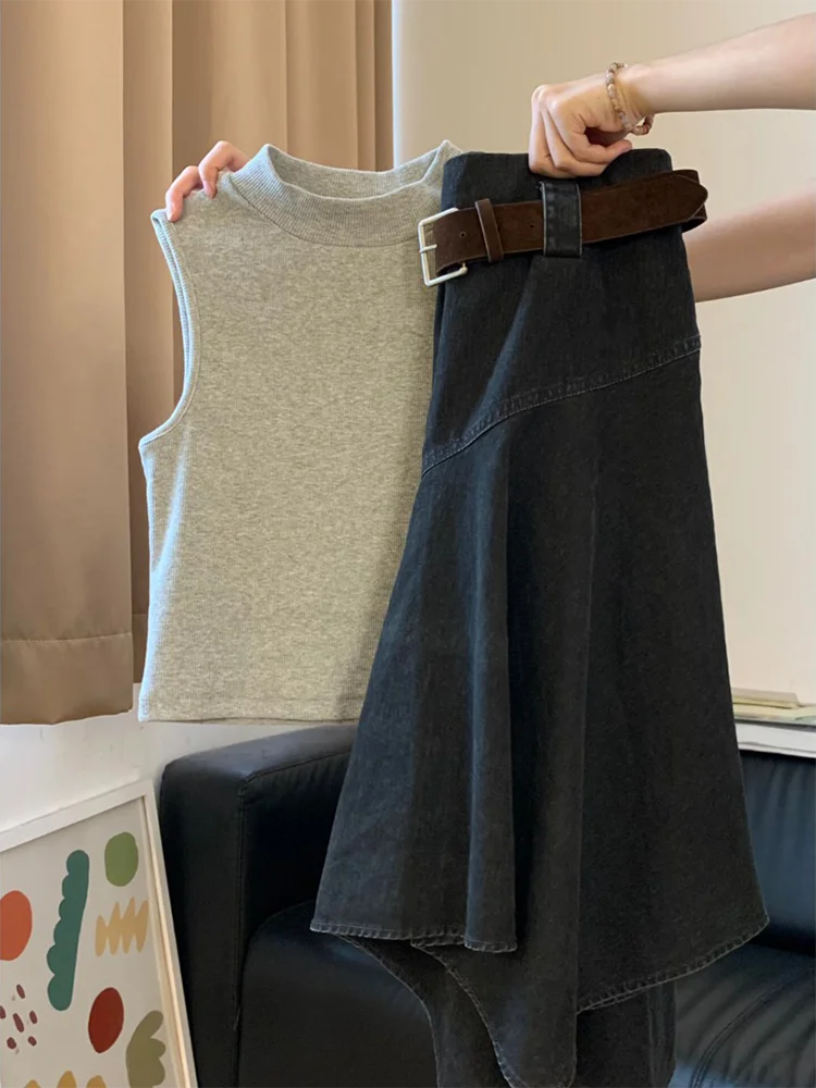 Summer Casual Korean Style Women's Grey Sleeveless High Collar T-Shirt Top Asymmetrical Skirt Set Fashionable Ensemble
Summer Casual Korean Style Women's Grey Sleeveless High Collar T-Shirt Top Asymmetrical Skirt Set Fashionable Ensemble