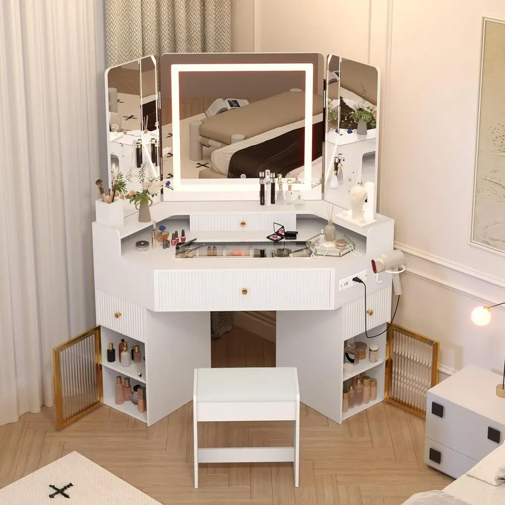 White Wooden Makeup Vanity with 3-Way Mirror, Lights, Large Drawer and Cabinet, Glass Top, Power Outlet, Hair Dryer Holder, and
White Wooden Makeup Vanity with 3-Way Mirror, Lights, Large Drawer and Cabinet, Glass Top, Power Outlet, Hair Dryer Holder, and