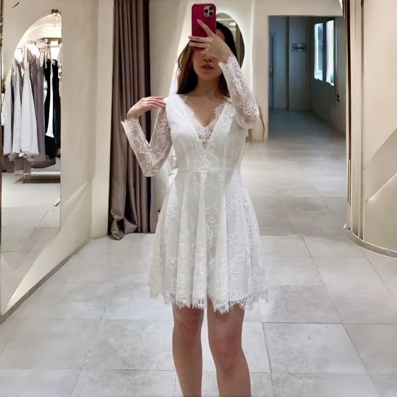 Deep V Eyelash Lace Short Wedding Dress Long Sheer Lace Sleeve High Waist A-Line Swing Skirt Evening Gowns Customizable
Deep V Eyelash Lace Short Wedding Dress Long Sheer Lace Sleeve High Waist A-Line Swing Skirt Evening Gowns Customizable