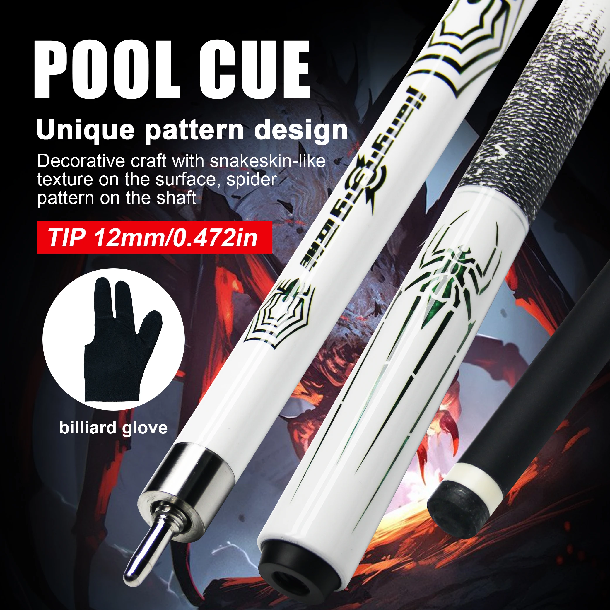POOL CUE Billiard Cue Multilayer Tip 12mm with Snakeskin Texture Spider Pattern + Free Billiard Glove
POOL CUE Billiard Cue Multilayer Tip 12mm with Snakeskin Texture Spider Pattern + Free Billiard Glove