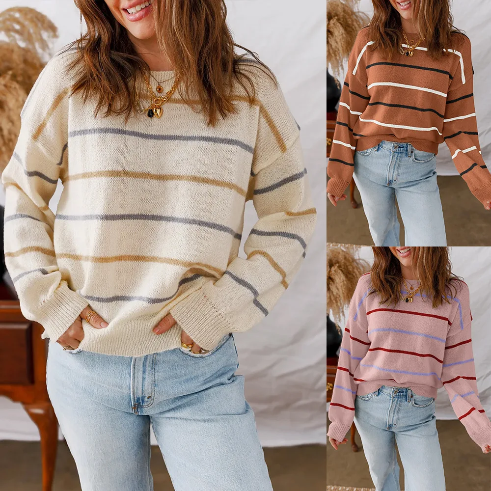 Women's Casual Knitted Pullover Long Sleeves Loose Fit Striped Woolen Knitwear Ladies Round Neck Color Block Soft Lazy Sweater
Women's Casual Knitted Pullover Long Sleeves Loose Fit Striped Woolen Knitwear Ladies Round Neck Color Block Soft Lazy Sweater