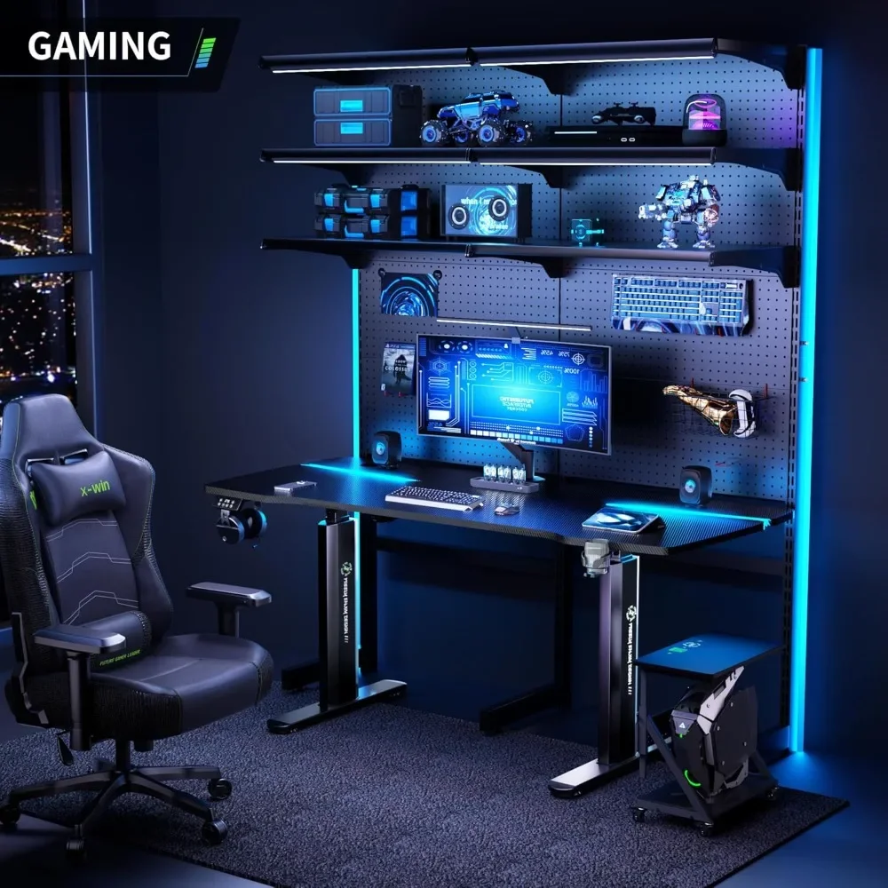 63x28 In Computer Desk with Mecha LED Panel, Digital Display Controller, Aluminum Wide Legs, Carbon Fiber Texture, Electric Desk
63x28 In Computer Desk with Mecha LED Panel, Digital Display Controller, Aluminum Wide Legs, Carbon Fiber Texture, Electric Desk