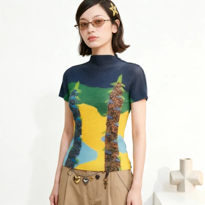 Miyake Pleated Short Sleeve T-Shirt 2026 Summer New Color-Block Print Half High Neck Stretchy Top Women's Lightweight Clothing
Miyake Pleated Short Sleeve T-Shirt 2026 Summer New Color-Block Print Half High Neck Stretchy Top Women's Lightweight Clothing