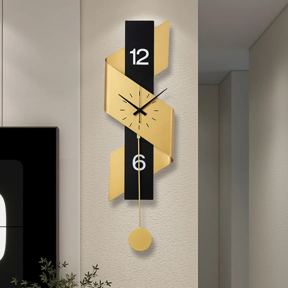 Modern Decorative Wall Clock with Pendulum - Elegant Black and Gold Ribbon Design, Battery Operated, Iron Construction
Modern Decorative Wall Clock with Pendulum - Elegant Black and Gold Ribbon Design, Battery Operated, Iron Construction