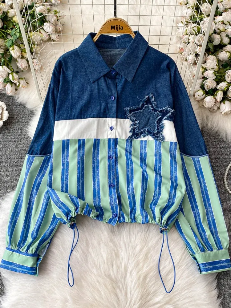 Korean Sle Long Sve Denim irt Women's Dstring Loose Slim Fit Collar Striped Top Commute Faion Loose pe
Korean Sle Long Sve Denim irt Women's Dstring Loose Slim Fit Collar Striped Top Commute Faion Loose pe