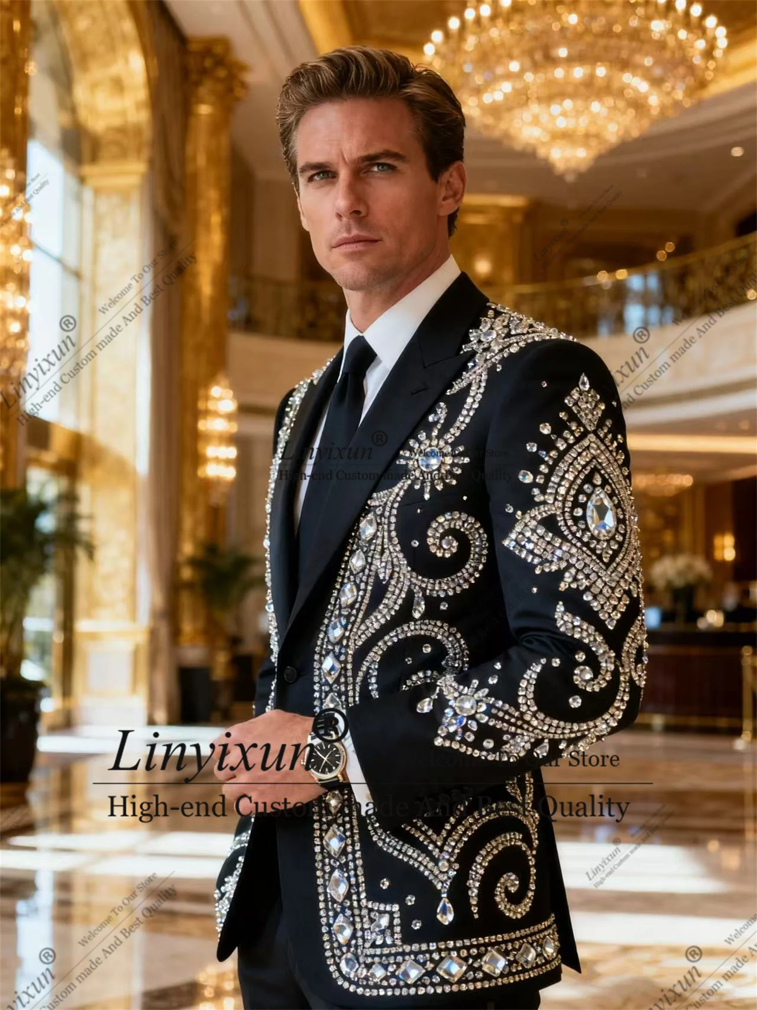 Luxurious design Crystals Rhinestones Men Suits Peaked Lapel Groom Tuxedos 2Pieces Party Prom Blazer Slim Customized Ropa Hombre
Luxurious design Crystals Rhinestones Men Suits Peaked Lapel Groom Tuxedos 2Pieces Party Prom Blazer Slim Customized Ropa Hombre