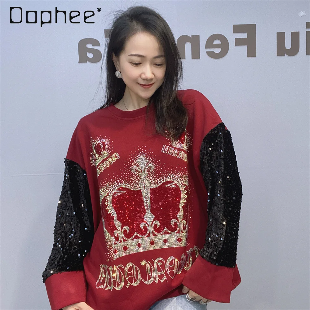 Loose Round Neck Color Block Long Sleeve Sweatshirts Women Spring and Autumn New Heavy Embellished Space Cotton Top 2025 New
Loose Round Neck Color Block Long Sleeve Sweatshirts Women Spring and Autumn New Heavy Embellished Space Cotton Top 2025 New