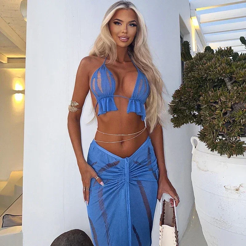 Summer Women'S Sexy Hollow Mesh Beah Backless Tops Drawstring Long Skirts Elegant Sexy Party Dresses Club Outfits
Summer Women'S Sexy Hollow Mesh Beah Backless Tops Drawstring Long Skirts Elegant Sexy Party Dresses Club Outfits