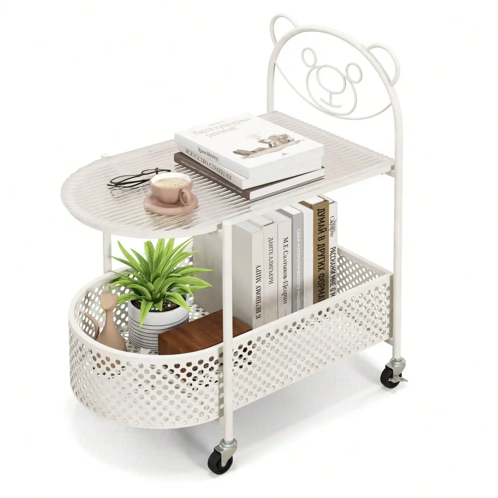 2-Tier Mobile Glass Coffee Table w/ Bear Pattern Storage Basket Metal Frame 
2-Tier Mobile Glass Coffee Table w/ Bear Pattern Storage Basket Metal Frame