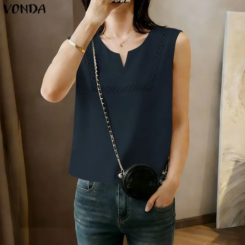 Casual Women Summer Blouses VONDA Fashion Lace Patchwork Sleeveless Female Blouse Solid Tops Streetwear OL Work Party Blusas
Casual Women Summer Blouses VONDA Fashion Lace Patchwork Sleeveless Female Blouse Solid Tops Streetwear OL Work Party Blusas