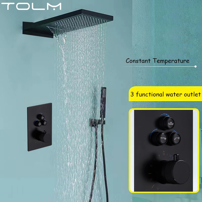 TOLM Bathroom Design Brass Concealed Thermostatic 3-function Waterfall Shower Set Pressurized Shower Embedded Box Shower Faucet
TOLM Bathroom Design Brass Concealed Thermostatic 3-function Waterfall Shower Set Pressurized Shower Embedded Box Shower Faucet