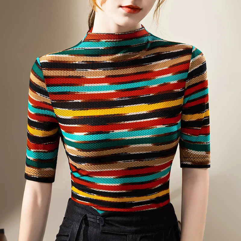 Women's half-high collar base shirt2025Contrast color striped mid-sleeve shirttMesh shirt top2026Spring fashion keywords
Women's half-high collar base shirt2025Contrast color striped mid-sleeve shirttMesh shirt top2026Spring fashion keywords