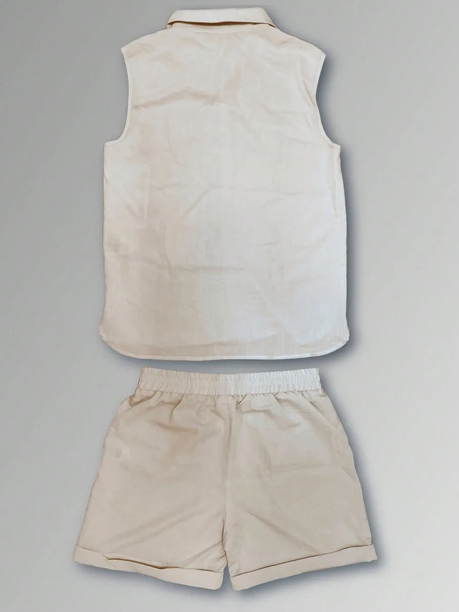 Linen Blend Sleeveless Collar Top And Elastic Waist Shorts Set For Men, Boho Beach Summer Wear
Linen Blend Sleeveless Collar Top And Elastic Waist Shorts Set For Men, Boho Beach Summer Wear