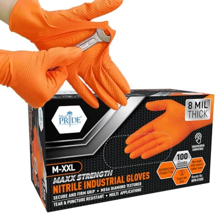 MED PRIDE Maxx Strength Nitrile Industrial Orange Gloves, 8 Mil Thick - Diamond Texture Disposable Heavy-Duty, Tear-Resistant
MED PRIDE Maxx Strength Nitrile Industrial Orange Gloves, 8 Mil Thick - Diamond Texture Disposable Heavy-Duty, Tear-Resistant