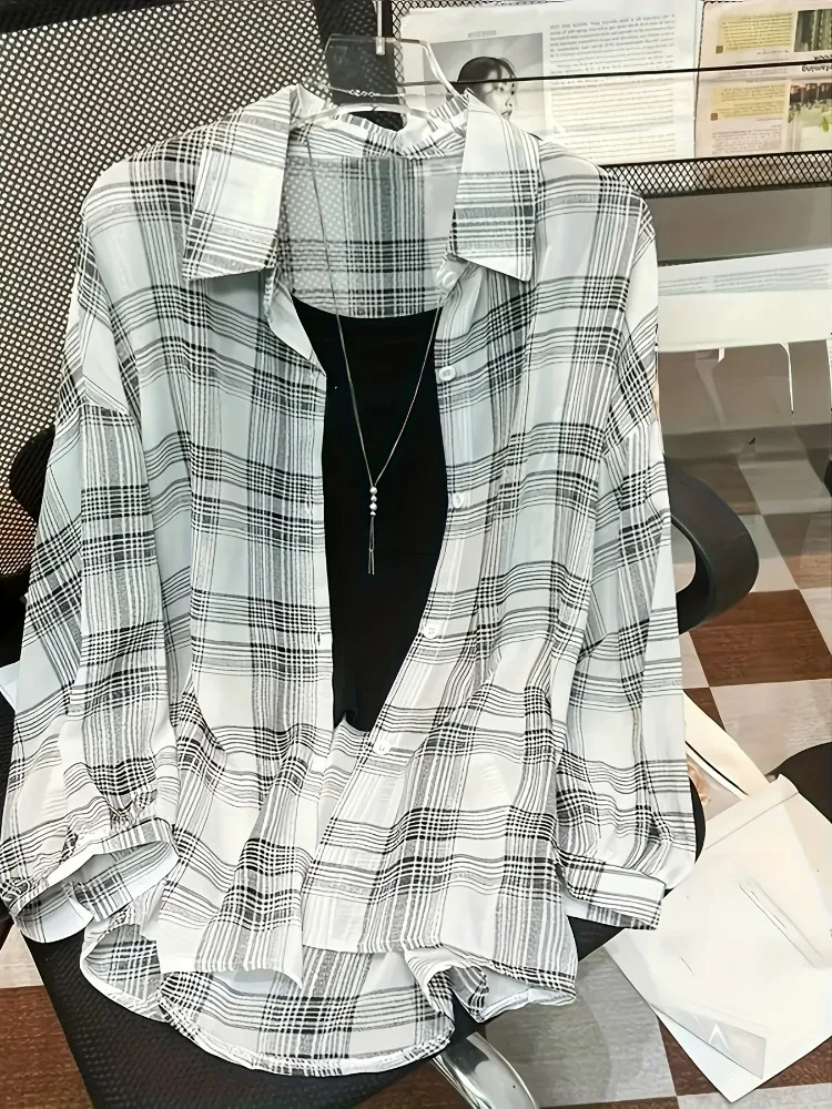 Women's Casual Loose Semi-sheer Plaid Shirt Long Sleeve Botton Shirts Summer
Women's Casual Loose Semi-sheer Plaid Shirt Long Sleeve Botton Shirts Summer