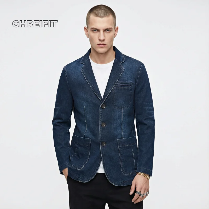 CHREIFIT Men's Denim Blazer Jacket Blue Slim Fit Casual Suit Coat for Men Fashion Streetwear 2026 New Arrival
CHREIFIT Men's Denim Blazer Jacket Blue Slim Fit Casual Suit Coat for Men Fashion Streetwear 2026 New Arrival