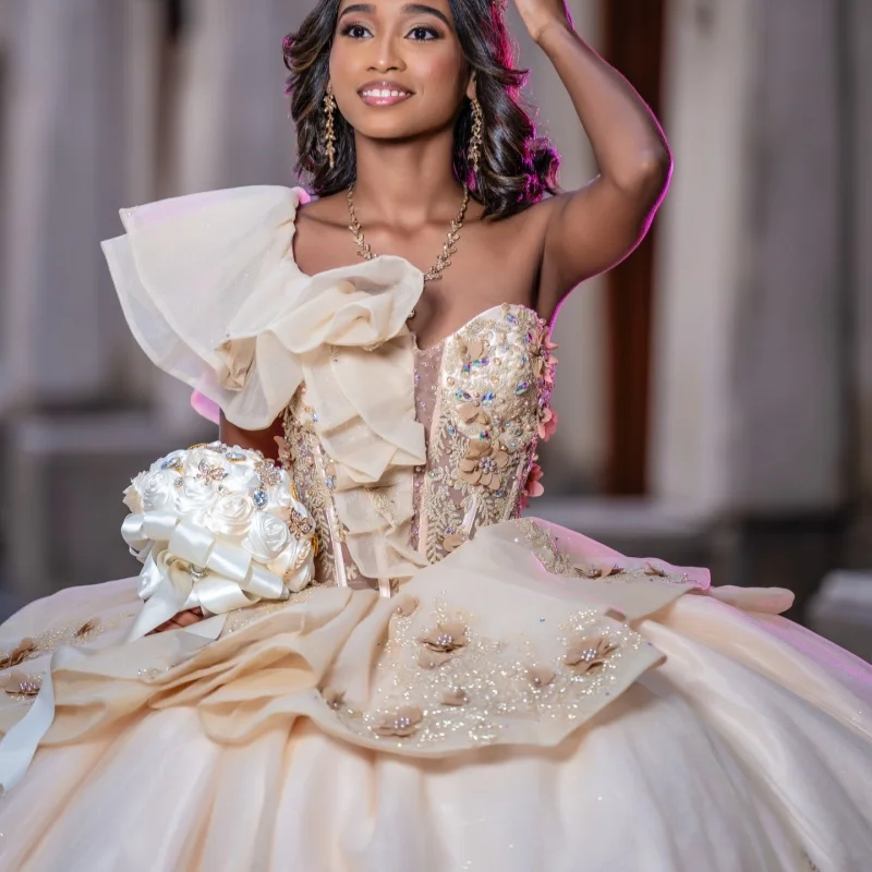 Light Champagne Quinceanera Dress off-shoulder Glitter Crystal 3D Flower Decal Long tail vestidos de 15 Quinceanera Customize
Light Champagne Quinceanera Dress off-shoulder Glitter Crystal 3D Flower Decal Long tail vestidos de 15 Quinceanera Customize