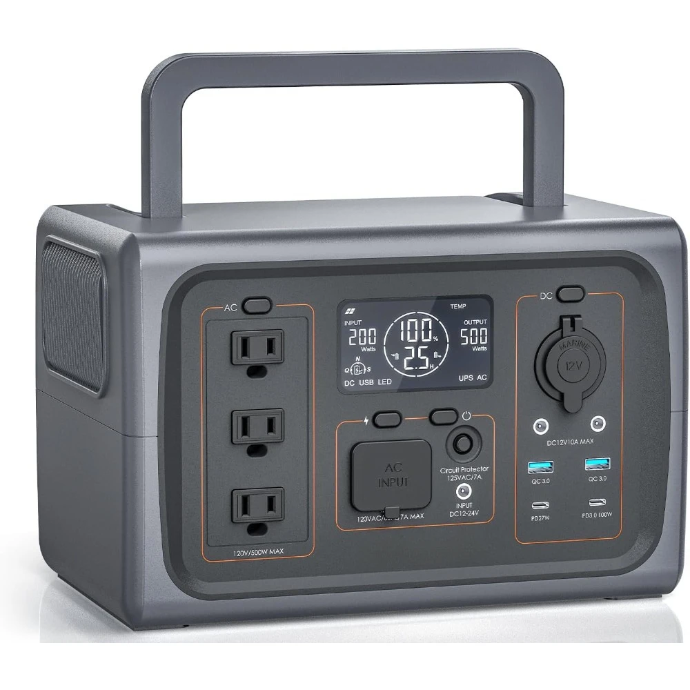 Portable Power Station 500W, 512Wh LiFePO4 Battery, UPS Function, 2.5Hrs Fast Charge, 3 AC Outlets(Surge 1000W), Solar Generator
Portable Power Station 500W, 512Wh LiFePO4 Battery, UPS Function, 2.5Hrs Fast Charge, 3 AC Outlets(Surge 1000W), Solar Generator