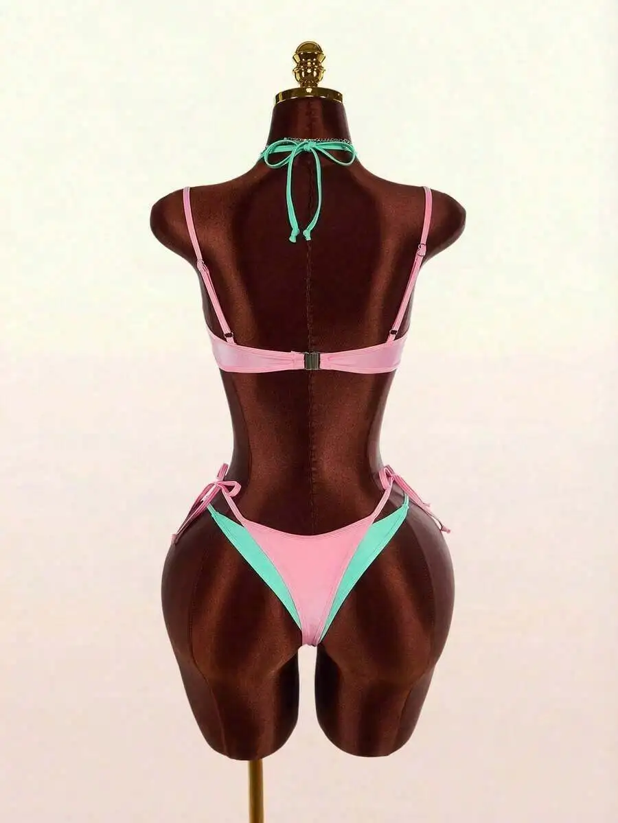 Womens Backless Colorblock Bikini Set With Tie Side And Lace Up Detail
Womens Backless Colorblock Bikini Set With Tie Side And Lace Up Detail
