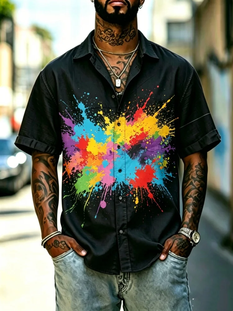 Men's Multicolor Paint Splatter Print Short Sleeve Shirt With Chest Pocket, Loose Comfort Casual Button-Down Streetwear Top
Men's Multicolor Paint Splatter Print Short Sleeve Shirt With Chest Pocket, Loose Comfort Casual Button-Down Streetwear Top