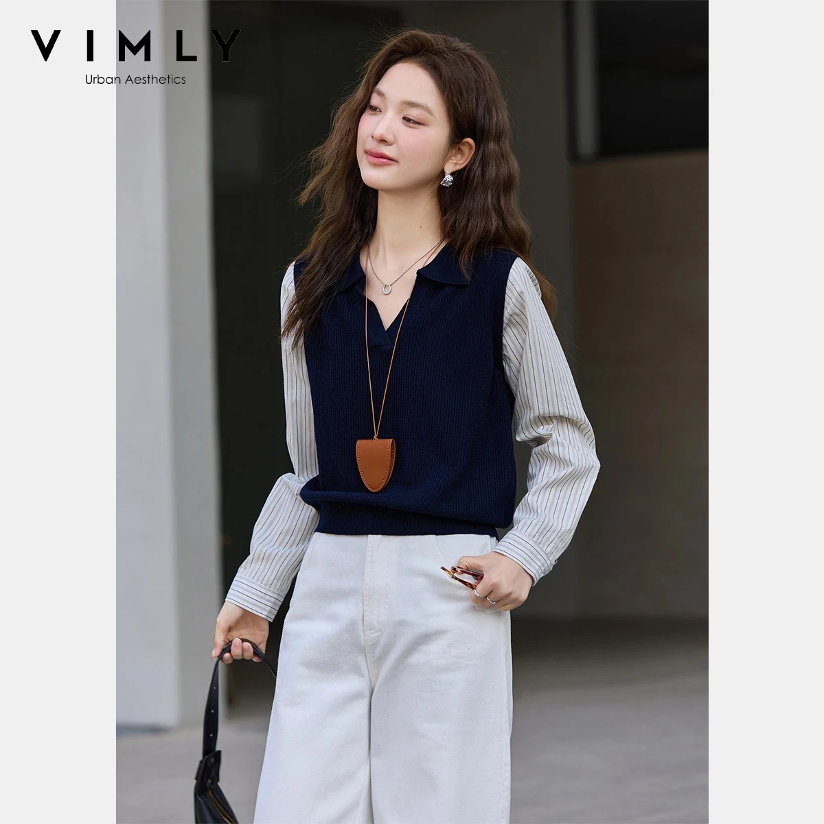 VIMLY Women's Fake Two-Piece Knit Top 2026 Spring New Office Casual Navy Blue Lapel Collar Color Block Striped Pullover 75318
VIMLY Women's Fake Two-Piece Knit Top 2026 Spring New Office Casual Navy Blue Lapel Collar Color Block Striped Pullover 75318