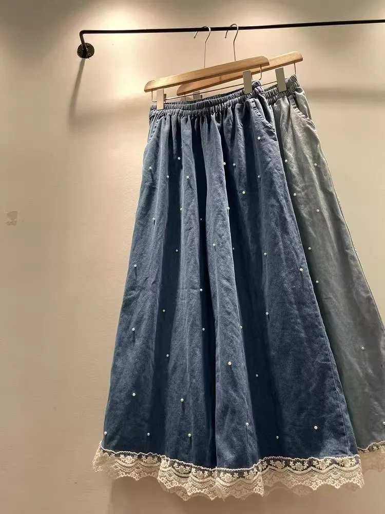 2025 New morigirl style jeans Japan fashion elastic waist lace patchwork beaded wide leg pants for women brand denim pants
2025 New morigirl style jeans Japan fashion elastic waist lace patchwork beaded wide leg pants for women brand denim pants
