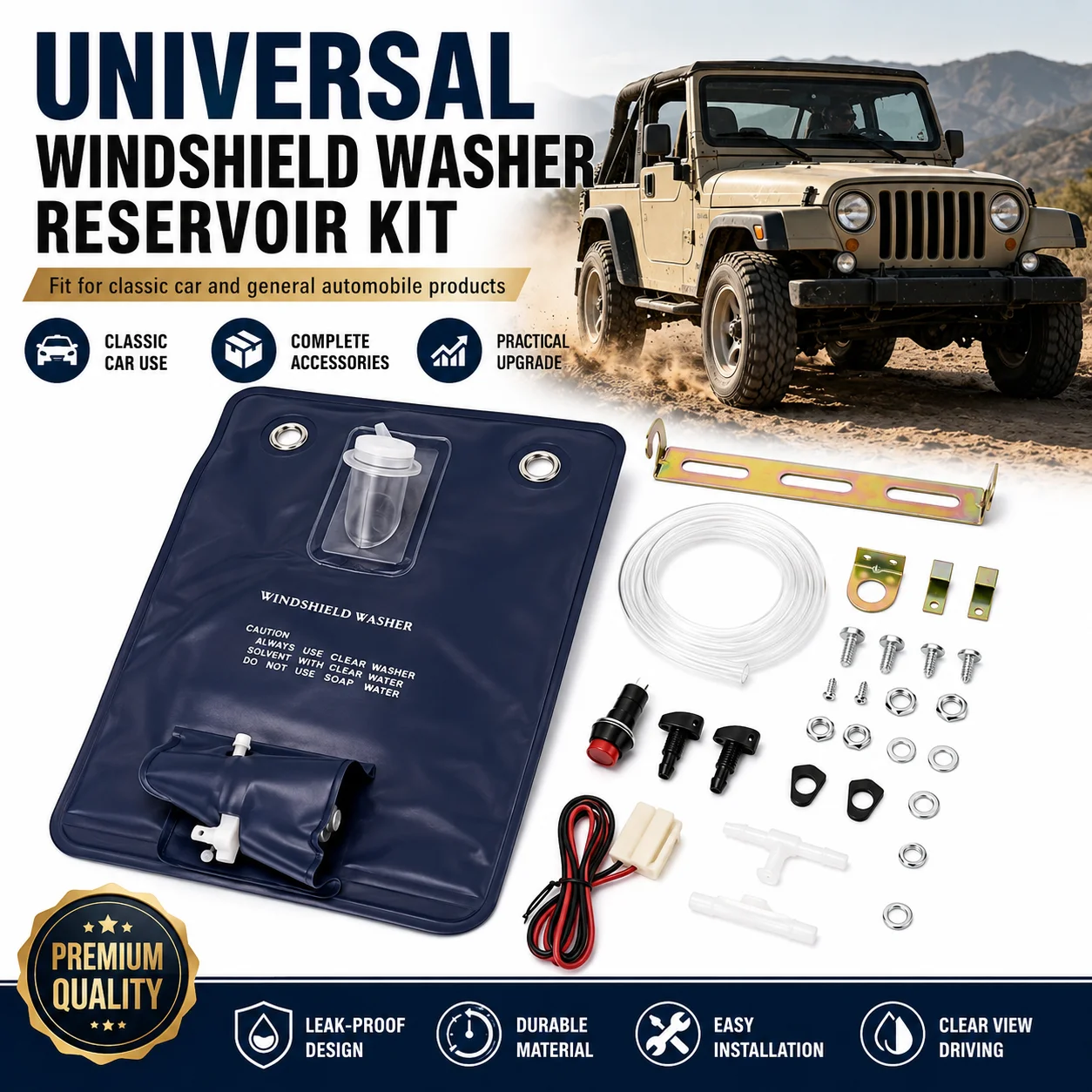 12V Universal Washer Reservoir Kit Windshield Pump Bag Hose Nozzle Easy Install
12V Universal Washer Reservoir Kit Windshield Pump Bag Hose Nozzle Easy Install