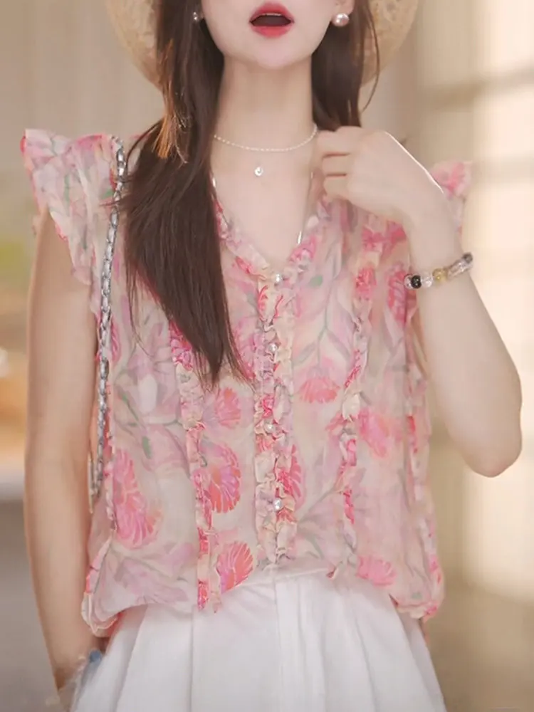 Casual Style Floral Print Sleeveless Shirt Pink V-Neck Breathable Loose Fit Summer New Arrival Women's Fashion Top
Casual Style Floral Print Sleeveless Shirt Pink V-Neck Breathable Loose Fit Summer New Arrival Women's Fashion Top
