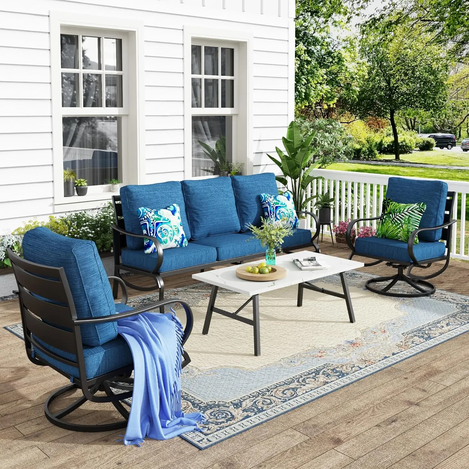 4 Piece Patio Conversation Set Metal Outdoor Furniture Loveseat 2 Swivel Chairs Coffee Table Peacock Blue Cushion 5 Seat, Custom
4 Piece Patio Conversation Set Metal Outdoor Furniture Loveseat 2 Swivel Chairs Coffee Table Peacock Blue Cushion 5 Seat, Custom