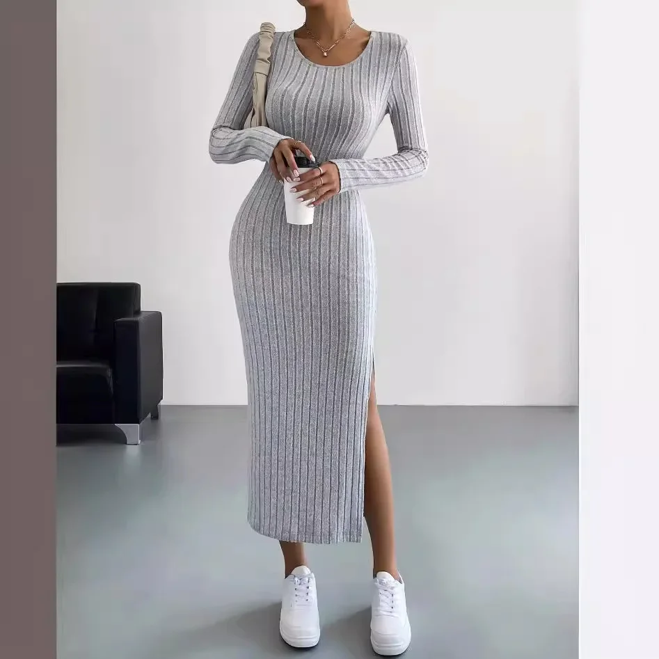 Autumn and Winter New Long Sleeve Crewneck Split Knit Long Solid Color Long Skirt Dress Women
Autumn and Winter New Long Sleeve Crewneck Split Knit Long Solid Color Long Skirt Dress Women