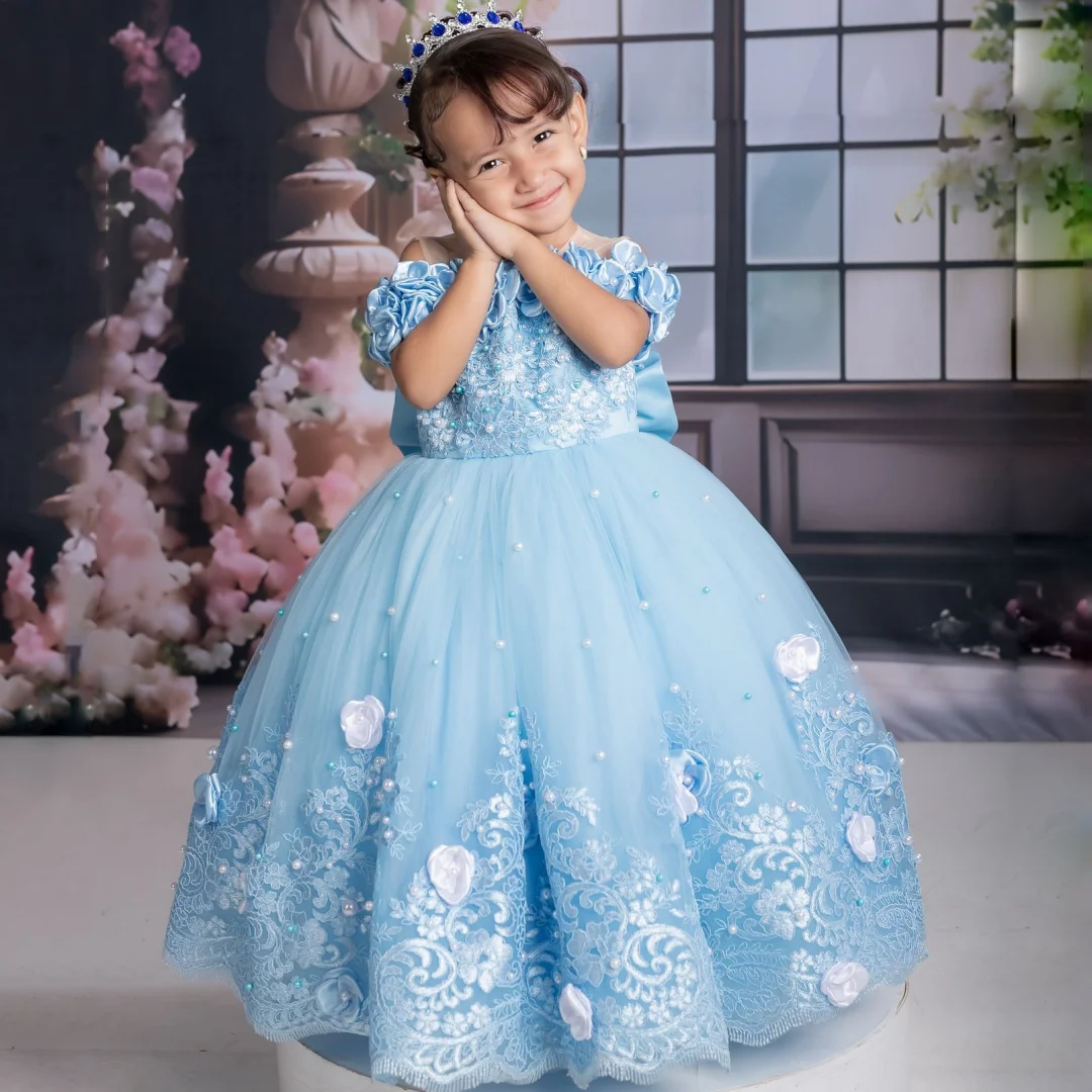 Customized Sky Blue Flower Girl Dress Tulle Pearls Flowers With Bow Short Sleeve For Wedding Birthday Party Holy Communion Gown
Customized Sky Blue Flower Girl Dress Tulle Pearls Flowers With Bow Short Sleeve For Wedding Birthday Party Holy Communion Gown