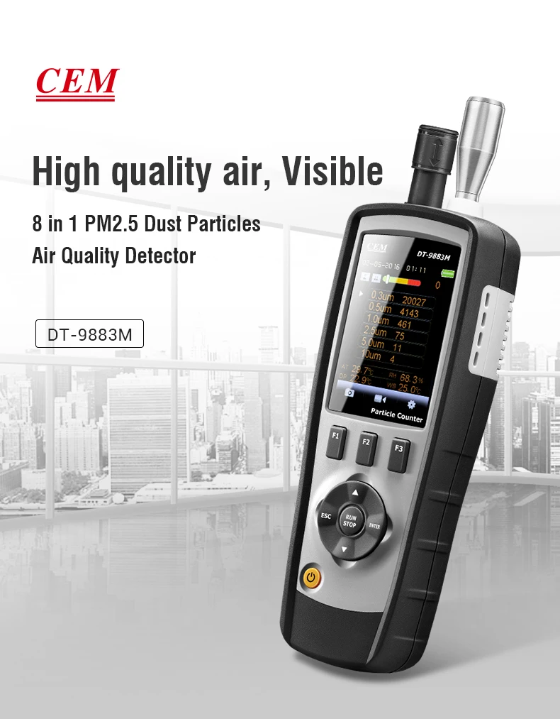 9883M Particle Counter 8 in 1 PM2.5/10 HCHO CO2 TVOC Laser Particle Counter (0.3,0.5,1.0,2.5,5.0,10um Mass Concentration Channel
9883M Particle Counter 8 in 1 PM2.5/10 HCHO CO2 TVOC Laser Particle Counter (0.3,0.5,1.0,2.5,5.0,10um Mass Concentration Channel